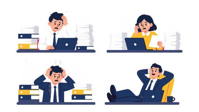 Office workers with paperwork stress and one relaxed manager