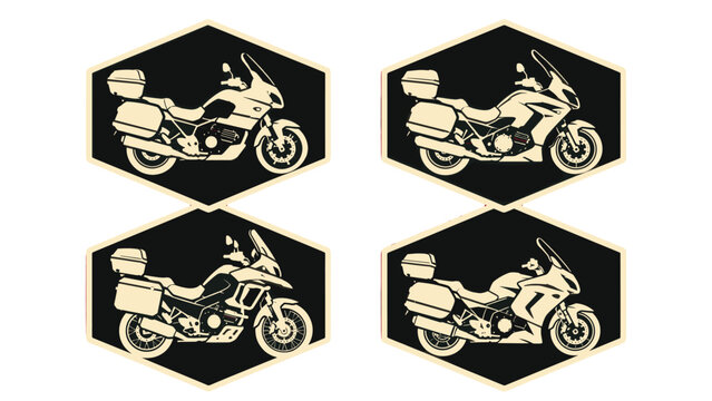 Set of touring motorcycle silhouettes in black hexagonal emblems
