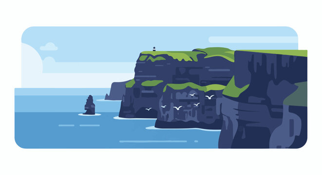 Coastal cliffs rise dramatically from the ocean, with a lighthouse on top