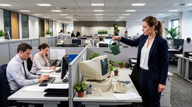 workplace absurdity, an office worker waters a computer resembling a plant, ignoring colleagues