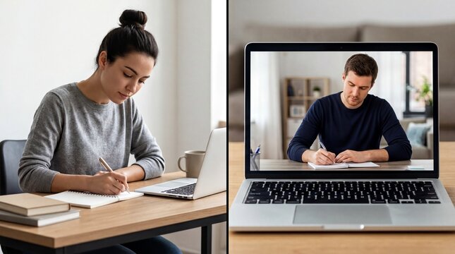 remote work collaboration, a split-screen portrays a person working at a desk mirrored on a laptop