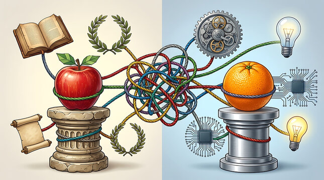 Metaphorical Composition of Fresh Red Apple and Ripe Orange Representing Fundamental Concept Philosophical Comparison Analogy and Illogical Unfair Contrasting Idea Background