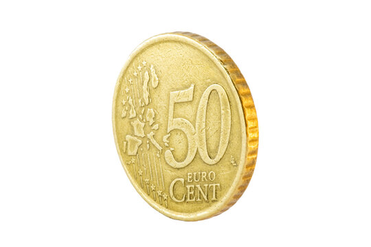 Reverse side of a 50 euro cent coin stands upright at an angle, isolated on a transparent background. Features the face value on a golden-toned Nordic gold, the European map and twelve stars.