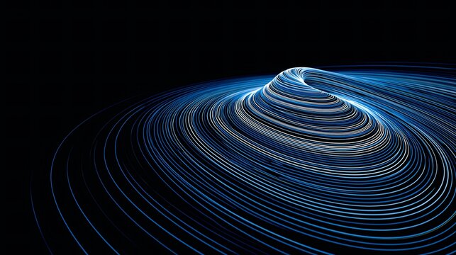 Lignes lumineuses bleues formant des ondulations fluides sur fond noir