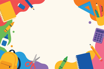 Fototapeta premium Back to school vector background featuring various school supplies arranged around the border, providing a clean copy space for educational announcements, posters, and academic promotions.