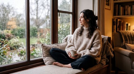 Obraz premium cozy indoor lifestyle, a relaxed individual in a cozy cashmere sweater enjoys the rain by the window