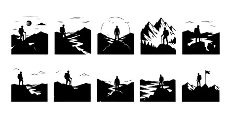 Obraz premium Hiker silhouettes stand atop rugged mountain peaks and rocky trails to represent adventure, exploration, and the challenging spirit of outdoor mountaineering.