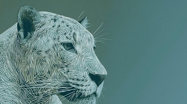 Portrait artistique de tigre en contours blancs sur fond vert oc&eacute;an
