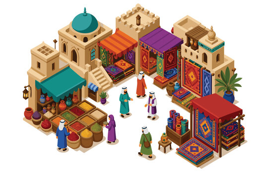 Isometric vector illustration of a traditional Middle Eastern bazaar featuring colorful market stalls selling aromatic spices, exotic goods, and generic merchant characters in a busy souk.