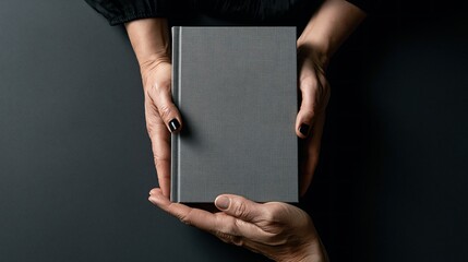 Mains tenant délicatement un livre gris sur fond sombre minimaliste