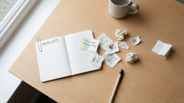 Desk Clutter with Crumpled Notes and Notebook, Mental Overload