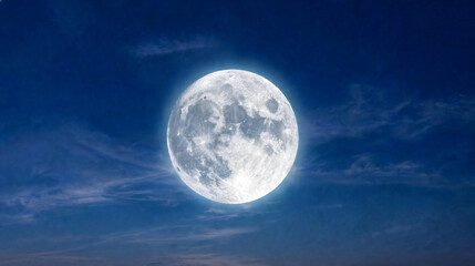 Obraz premium Serene and beautiful glowing full moon shining brightly through wispy night clouds in a deep blue celestial sky, creating a peaceful and romantic atmospheric landscape perfect for meditation.