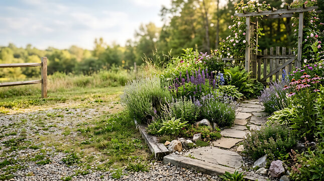 Stone path leading to a rustic wooden garden gate with flowers