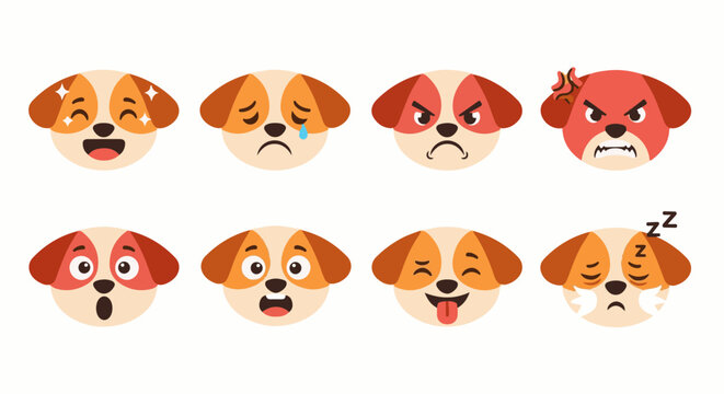 Eight cartoon dog faces showing a range of emotions happy, sad, angry, surprised, and sleeping