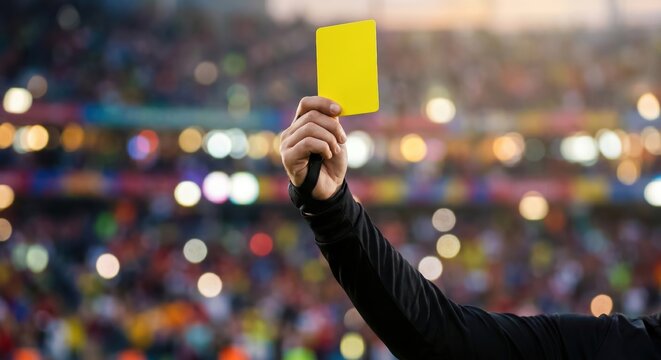 Football referee holding a yellow card in stadium with bokeh background