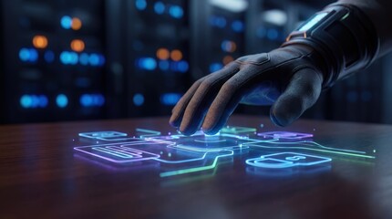 Naklejka premium A Robotic Hand Interacts With A Holographic Business Interface, Symbolizing Innovation And Enterprise Data Control