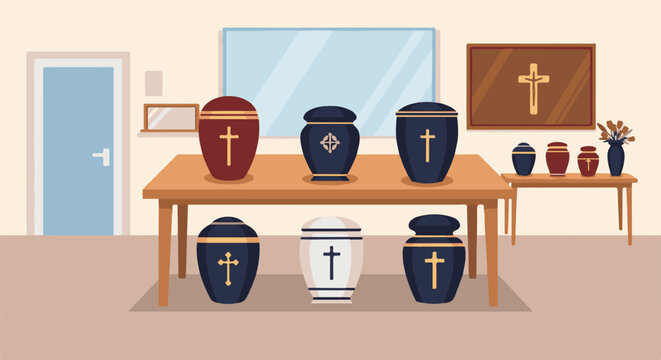 Collection of ornate urns and crosses displayed indoors with a door and window