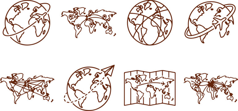 Global travel and transportation icons with world maps airplanes and flight paths around the globe.