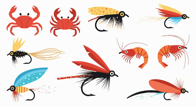 Collection of stylized fishing lures and marine creatures, flat design
