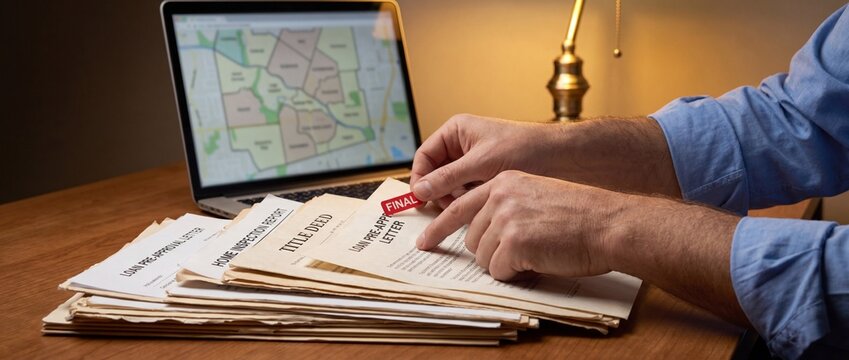 Man reviewing loan pre approval letters and title deeds on a wooden desk with a laptop