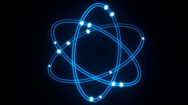 Glowing blue particles orbiting in dynamic atomic structure animation