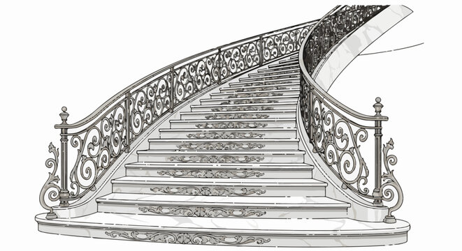 Elegant marble spiral staircase with ornate iron railings, detailed design