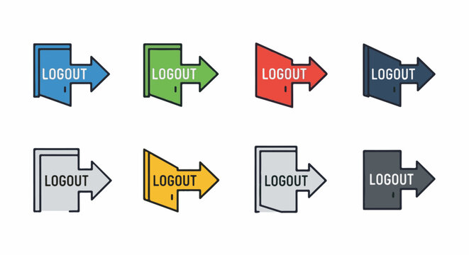 Collection of stylized icons representing a logout function with arrows and varied colors