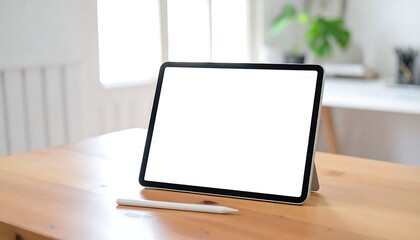 Fototapeta premium Modern Tablet with Blank Screen Resting on Wooden Desk in Bright Home Office
