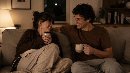 Fototapeta premium Happy young couple relaxing on sofa at night. Smiling man and woman drinking tea and talking in cozy living room. Authentic lifestyle