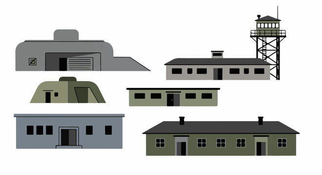 Collection of various utilitarian structures, including a watchtower