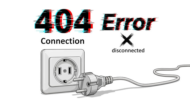 A digital illustration showing a 404 error message with a disconnected power plug and socket