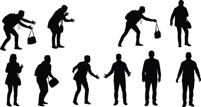 Man and Woman Silhouette Vector Set Featuring Poses with Bags Including Carrying Reaching Standing and Traveling Isolated on White Background