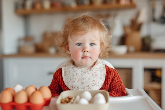 Child sits at a table with eggs and snacks, showing signs of an allergic reaction such as red cheeks and minor hives on the face during snack time at home