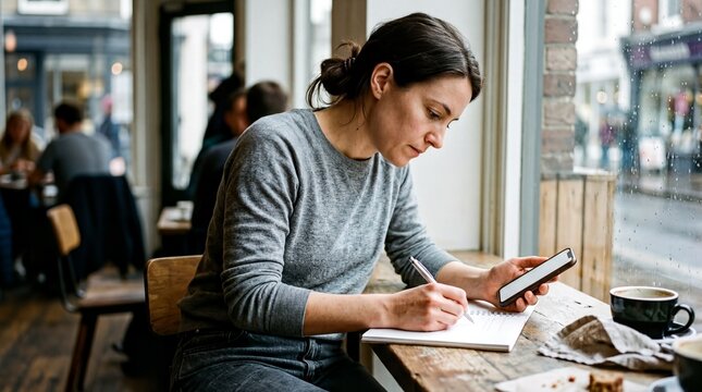 candid lifestyle moments, a woman pens notes in a notebook, glancing at her phone in a cozy caf