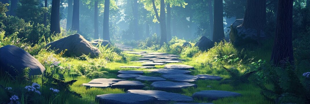 A quiet forest path lined with moss-covered stones and tall trees, inviting peaceful exploration, 