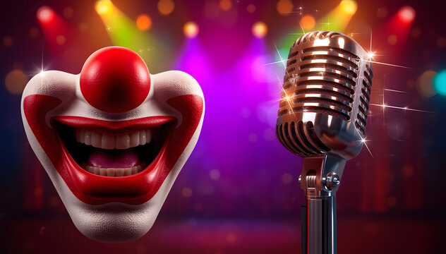 Comedy Clown Face and Microphone on Stage with Colorful Lights