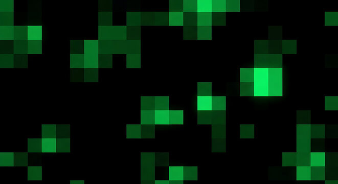 Abstract digital background of glowing green pixelated squares with abstract background technology electronic computer information