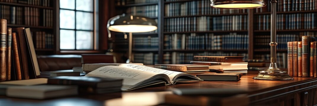 A serene library setting with a biographer deep in thought, surrounded by books and notes. 