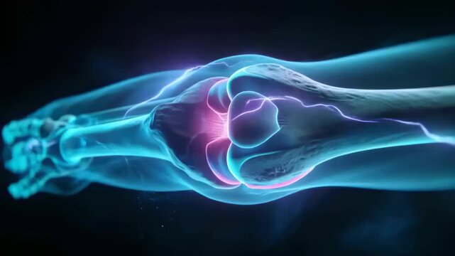 Pulsing 3D knee joint after electric arc above, magenta cartilage pulsing, camera panning for study