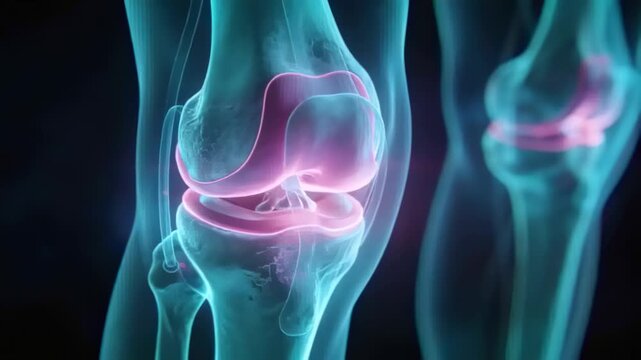 Animating knee model highlighting femur-tibia contact with pink cartilage detail on dark backdrop