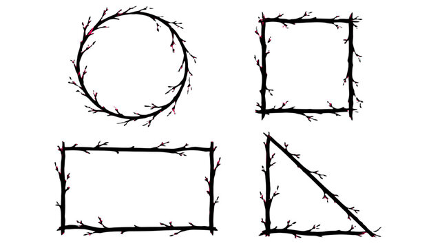 Set of twig branch frames in round square rectangle and triangle