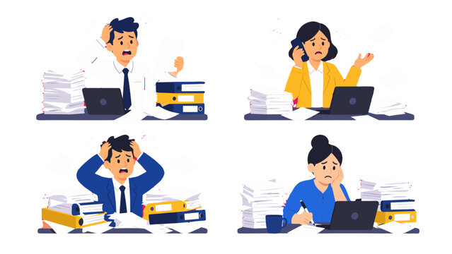 Stressed office workers with paperwork and laptops vector set