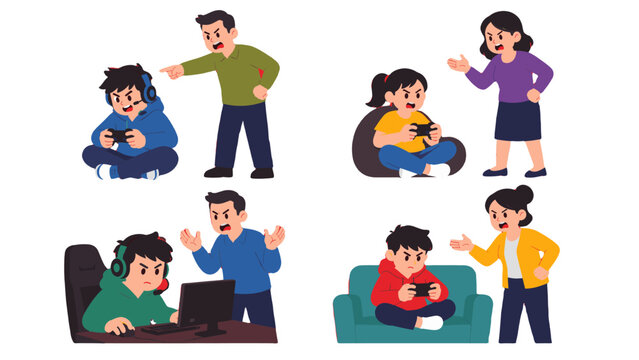 Parents scolding children playing video games flat vector set