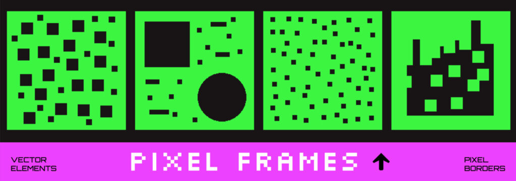 Funky pixel photo border with bold podcast square and circle on album cover. Geometric green system grid and scattered pixelated dots for music card. Vector frame set isolated for retro game or promo.