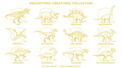 Prehistoric Creatures Collection: Dinosaur Line Art Illustrations © Roni