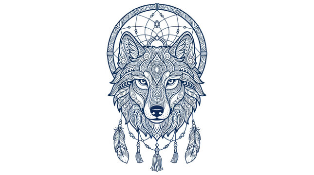 Intricate Wolf Head with Dreamcatcher and Feathers, Tribal Tattoo Design