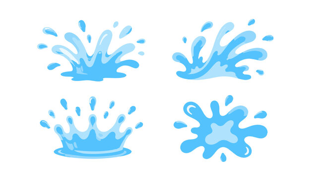 Blue water splash set with droplets in flat vector style