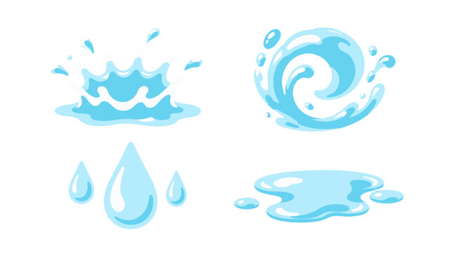 Blue water splash, swirl, drops and puddle vector set