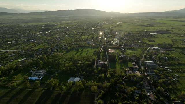 Wide aerial view of Chateau Mukhrani vineyard and estate in Georgia, geometric rows of green grapevines stretching toward the royal palace and village countryside under sunny sky.