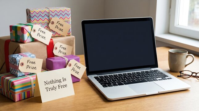 Laptop with 'Free Prize' Gifts and 'Nothing is Truly Free' Card: Scam Awareness